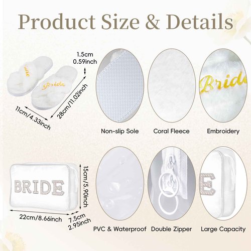 Hazms 3 Pcs Bride Robe for Wedding Day Set with Makeup Bag, Slippers, Lace Trim White Robe -Short Getting Ready Wedding Robes Bridesmaids Bride Gifts