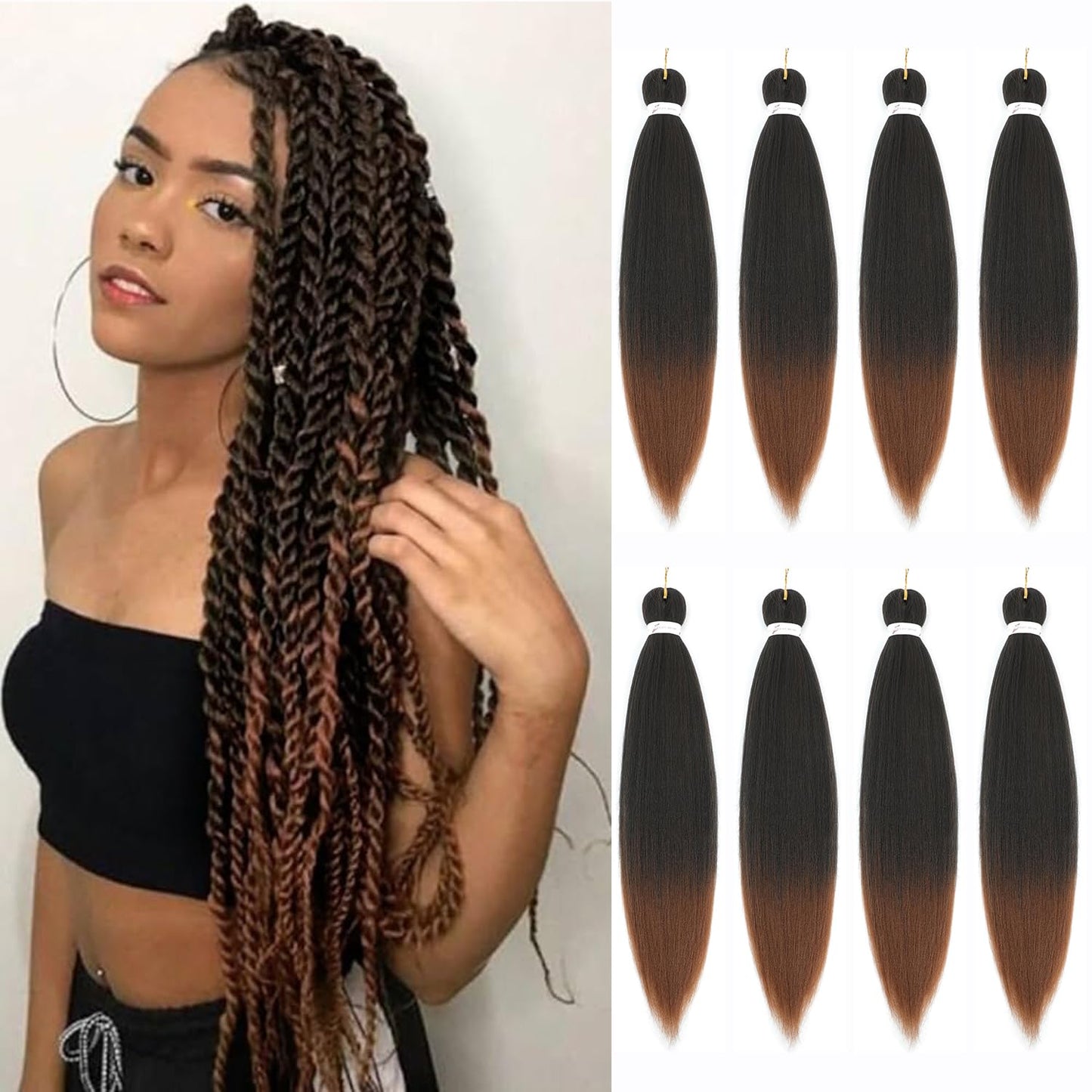 AIBEISI Braiding Hair 32 Inch 8 Packs Prestretched Braiding Hair Mixed Colored Two Tone Synthetic Pre Stretched Braiding Hair For Box Braiding Hair Yaki Straight For Women For Hot Water Setting1B/30