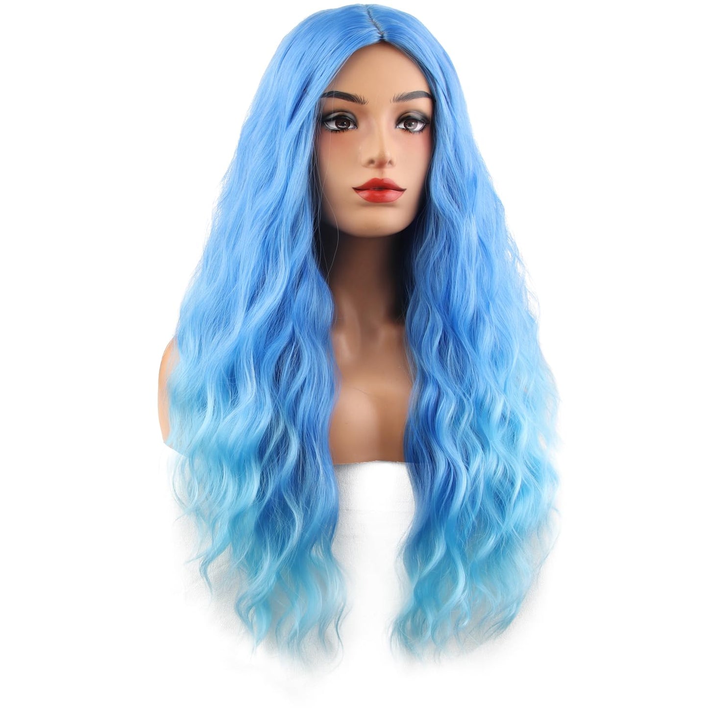 MAGQOO Blue Wig for Women Blue Ombre Wig Long Curly Wavy Light Blue Wigs Middle Part Heat Resistant Hight Density Synthetic Wigs (Blue Ombre)