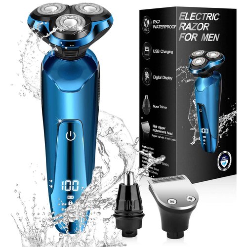 Electric Razor for Men, Cordless 3D Rotary Head Shavers for Men Face, Wet/Dry Waterproof, LED Display, Ideal Gift for Husband/Dad/Boyfriend (Blue)