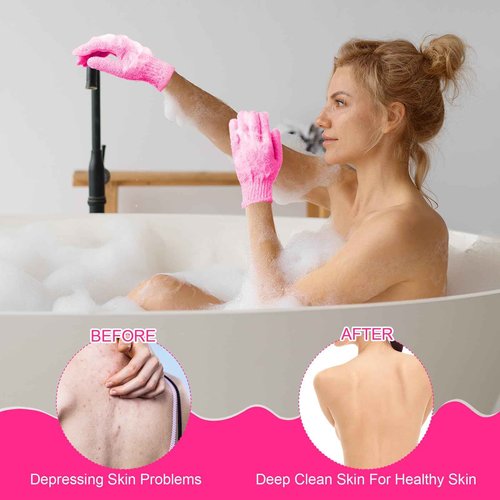 Cuffbow 90 Pcs 45 Pairs Exfoliating Double Sided Bath Gloves with Hanging Loop Colorful Body Shower Gloves for Men Women Beauty Spa Massage Shower Clean Skin Bathing Scrubber Accessories(Pink)