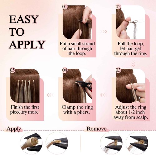 SEGO Pro Microlink Hair Extensions, Micro Loop Human Hair Extensions, Long Straight Invisible Microbead Extensions for Women, 14 inches, Medium Brown mixed Dark Blonde, 50 Strands, 50g/pack