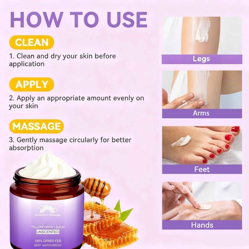 Beef Tallow for Skin, Hydrating Tallow and Honey Balm, Nourishing Grass-Fed With Honey Moisturizer – Natural Skincare Tallow Balm for Dry, Sensitive, or Irritated Skin- Unscented-4oz