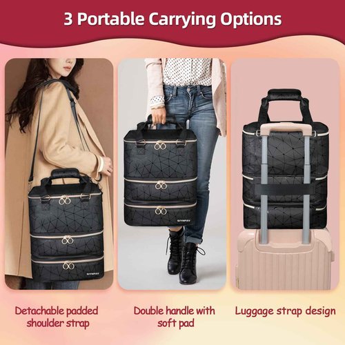 SIYNPAV Nail Polish Organizer Bag Holds 84 Bottles (15ml/0.5fl.oz)& Nail Lamp, 3 Layers Detachable Nail Kit Storage Case PU Leather, Large Travel Nail Supplies Shoulder Bag for Manicure Tools (Black)