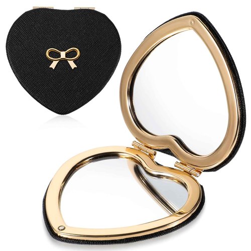 Apausvcm Pocket Mirror, Cute Heart Shaped Compact Mirror PU Leather Portable Mini Makeup Mirrors for Women Double-Sided 1X/2X Magnifying Folding Travel Mirrors for Home Office Travel
