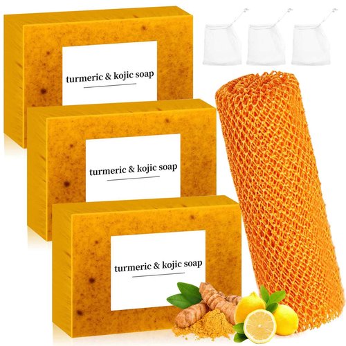 Turmeric Soap + African Net Sponge, Lemon Turmeric Kojic Soap Bar for Spots Remover, Organic Skin Care Soaps for Face and Body, Evens Skin Tone Exfoliator Deep Cleansing Moisturizing