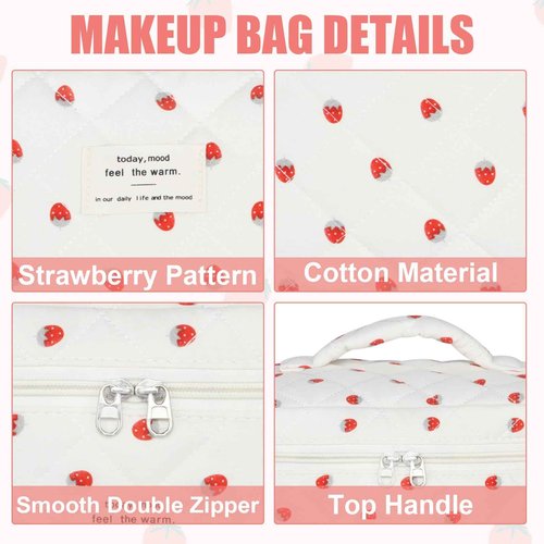 BuyCard Quilted Makeup Bag Set, 3Pcs Cotton Floral Cosmetic Bags, Cute Aesthetic Coquette Makeup Bag Travel Cosmetic Organizer with Toiletry Pouch & Brush Holder for Women, Strawberry Beige