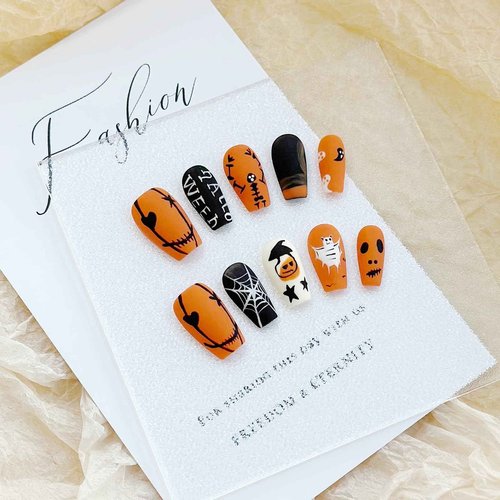 LARSOOY Nails Handmade Press On Nails Middle Square | Hand Painted Reusable False Nails with Unique Halloween Designs | 10 Pcs (Halloween Drawing, M)