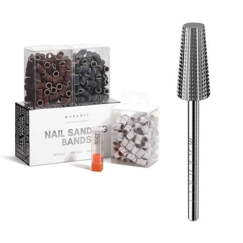 Makartt 5 in 1 Nail Drill Bits, 3/32" Shank Tungsten Carbide Tapered Drill Bits Bundle With 300Pcs Nail Drill Bits Sanding Bands #80#150#240 Grits