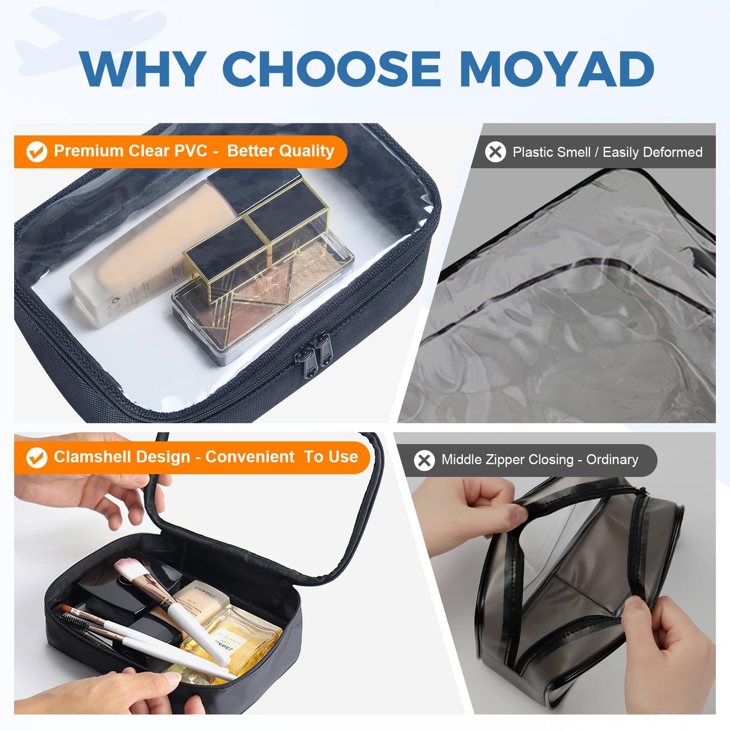 Moyad TSA Approved Travel Toiletry Bags Small, Clear Quart Size Bag Liquid Toiletries Bottles Organizer Bag Carry on Traveling Pouches Airport Airline Transparent Toiletry Bag, 1 Pack (Black)