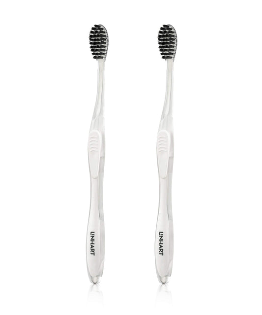 LINHART Extra Soft Toothbrush – Teeth Whitening Toothbrush with Multi Length Bristles, White with Black Bristles, 2 Pack