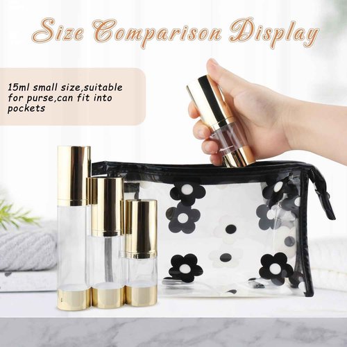BOSMIOW 4Pcs 15ml/0.5oz Clear Plastic Airless Pump Bottles with Gold Head Empty Refillable Vacuum Cosmetics Sample Storage Jars for Lotion,Shampoo,Hand Soap,Face Cream
