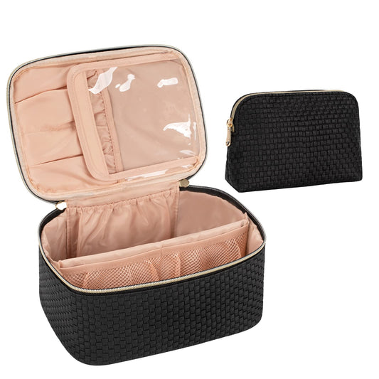 OCHEAL Makeup Bag Set of 2, Large Makeup Bag Organizer & Small Cosmetic Bag Multifunctional Make Up Bags Cosmetics Toiletry Brushes Storage Pouch for Women Girls Makeup Case -Black Braided