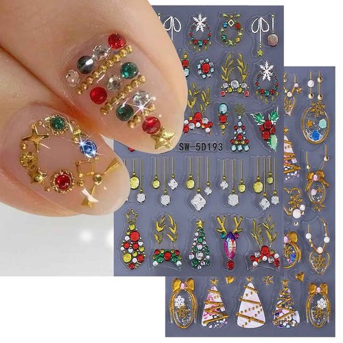 5D Embossed Christmas Nail Stickers for Nail Art - Gold Glitter Nail Art Stickers Xmas Tree Elk Deer Nail Decals Cartoon Nail Supplies for Women DIY Christmas Decorations 2 Sheets