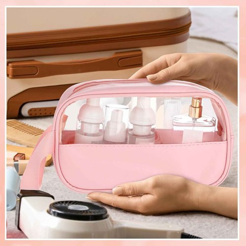 Buryeah 12 Pieces Toiletry Bag for Women Men Translucent Small Travel Makeup Pouch Portable Waterproof Organizer Set for Accessories Toiletries(Pink)