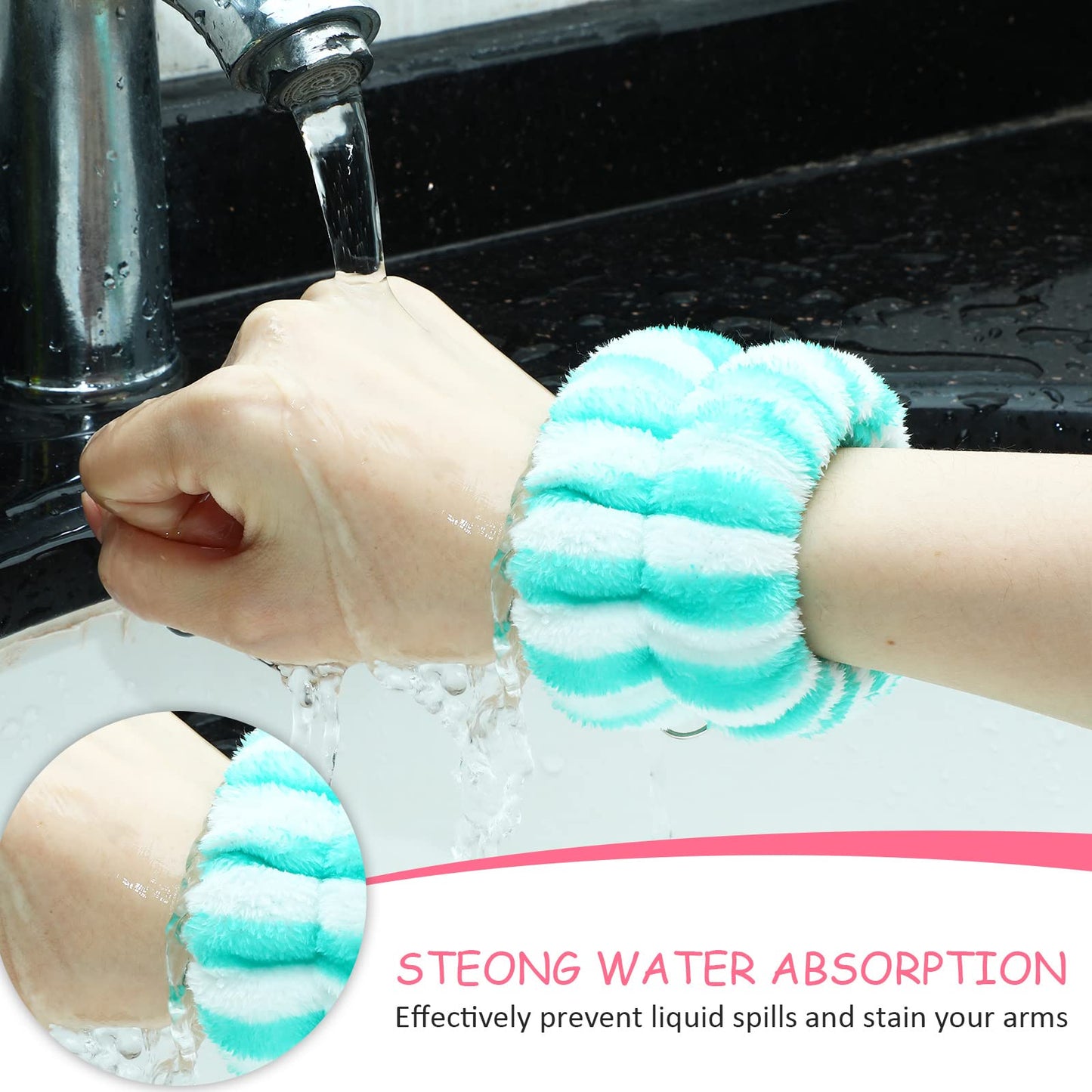 Chuangdi 4 Pairs Wrist Spa Washband Microfiber Washing Face Wrist Wash Towel Band Wristband Scrunchies Absorbent Wrist Sweatband for Women Prevent Liquid from Spilling (Classic Striped)