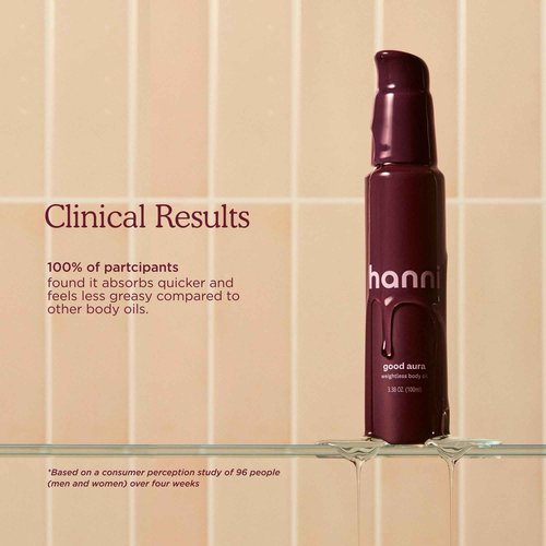 HANNI Good Aura Dry Body Oil, Lightweight After-Shower Moisturizer with Jojoba, Coconut, Baobab, and Buriti Oils, Non-Greasy Skincare for Soft Skin, 100 mL / 3.38 oz