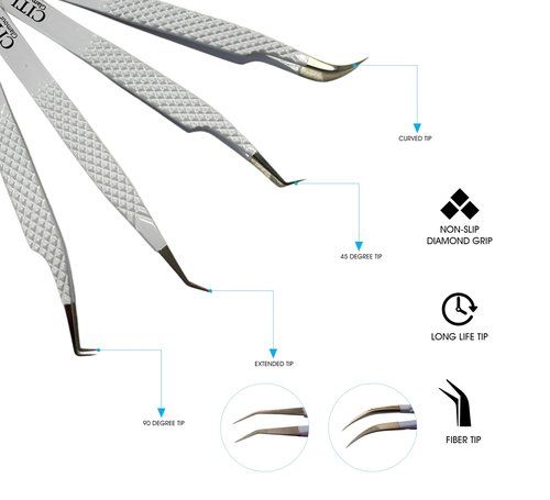 CITI GLAMOUR Lash Tweezers For Eyelash Extension set of 4 with Diamond Grip and Precise Fiber Tip For Volume,Mega Volume And Classic Lashes,Ideal for Lash Artist and at home use