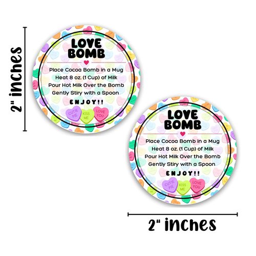 Love Bomb Stickers for Hot Cocoa Bomb Box | 250 pc Roll Bulk Packaging 2” Label Tag Instructions Ingredients for Holiday Valentine’s Candy Heart Background Hot Chocolate Bomb