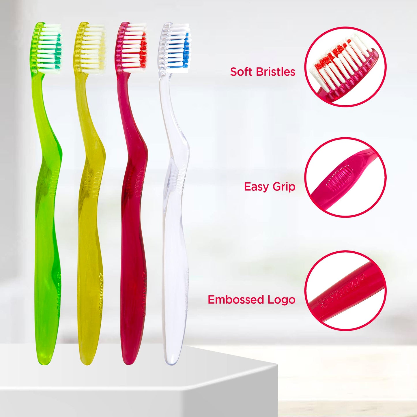 Shield Care Clarity Expert Manual Toothbrush for Sensitive Gums and Strong Teeth, Made with Food Material, Soft Bristles (Red, Green Yellow White) 8 Count (Pack of 1)