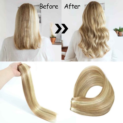14 Inch Hair Extensions - Light Blonde to 613 Blonde Straight Human Hair With Transparent Fish Line Invisible Hairpiece - Hidden Wire