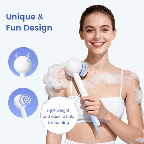 Oh,XIYU. Electric Back Scrubber for Shower Body Brush, Waterproof Shower Body Scrubber for Cleansing, Massaging, Rechargeable Bath Brush for Kids & Adults with 2 Heads & 3 Speed Modes, Milk White XY0