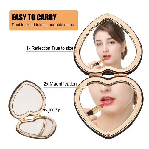 CAIRIAC Compact Mirrors, Leather Folding Travel Mirrors, Bee Double Sided Handheld Mirrors, Portable Heart Shape Makeup Mirrors Gift for Girls Women Mothers