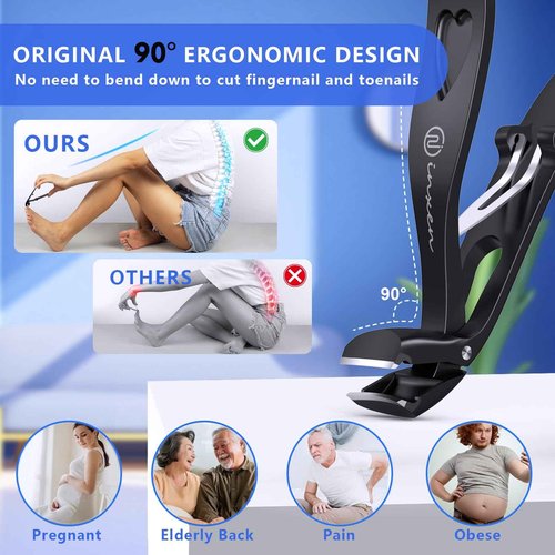 Toenail Clippers for Thick Nails for Seniors| INXEN Ergonomic Heavy Duty Angled Head Nail Clippers with Catcher | Premium Steel Wide Opening Fingernail Clippers Nail Cutter for Men & Women