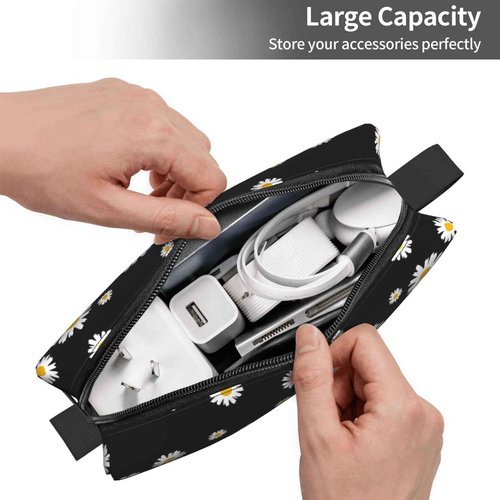 JKJOJIA Daisy Cute Flower Makeup Bag Organizer Small Cosmetic Bags Portable Travel Toiletry Bag With Handle Simple Accessories Storage Zipper Pouch For Women Girl