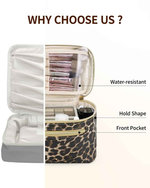 Wandering Nature Makeup Bag, Travel Make Up Organizer Cosmetic Brush Bags Case for Women in Vegan Leather, Leopard Print, Patent Pending
