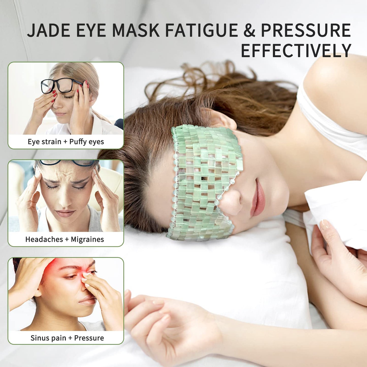 Jade Eye Mask, gemshan 2 Pcs Stone Eye Mask Hot or Cold Use, Green Jade Facial Eye Sleeping Mask