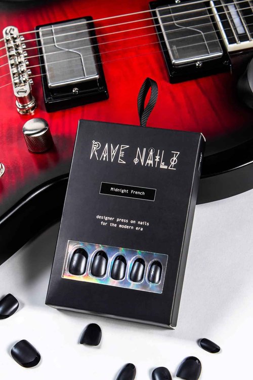 Rave Nailz Midnight French Tip Press On Nails (24 Count) | Matte Black 3D False Oval Press On Nail Short with Glossy Tip | Chip-Resistant Fake Nails with Glue, Includes File, Long-Lasting 2+ Weeks