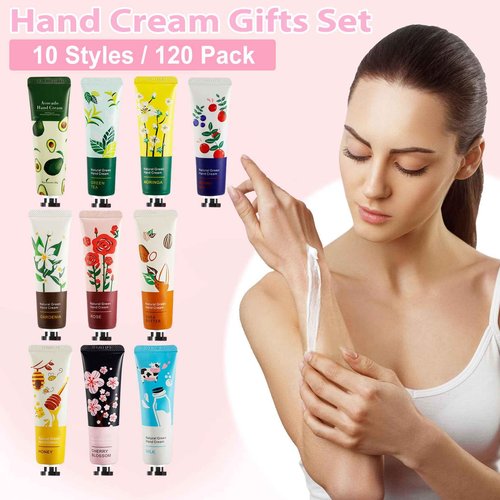 UHBYJM 120 Pack Hand Cream for Women,Bulk Hand Lotion Travel Size for Dry Cracked Hands,Moisturizing Hand Care Cream,Natural Plant Fragrance Mini Hand Lotion Gifts For Birthday Party Favors,10 Styles