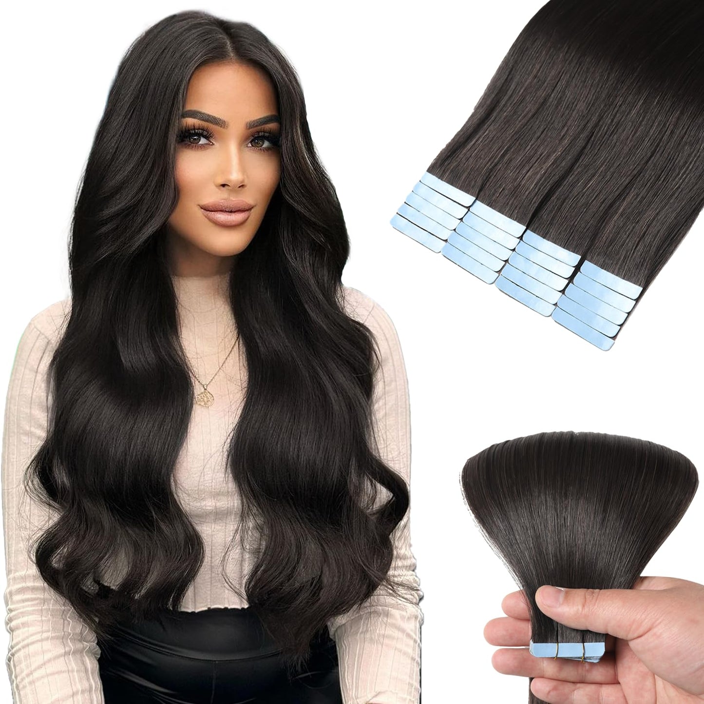 Mifes Tape in Hair Extensions Human Hair Natural Black #1B 20pcs/50g 20 Inch Hair Extensions Real Human Hair Natural Hair Extensions Straight Hair Extensions for Women