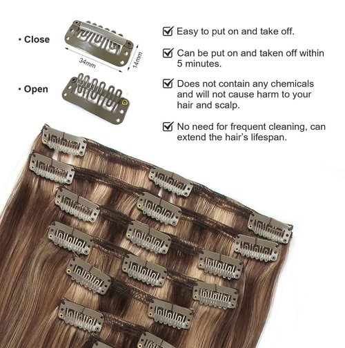 ABH AMAZINGBEAUTY HAIR Clip in Hair Extensions Real Human Hair Chocolate Brown Mixed to Dark Blonde Hair for Fashion Women Virgin Highlights Clip in Hair Double Wefts Silky Straight 90G 8Pcs 16 Inch