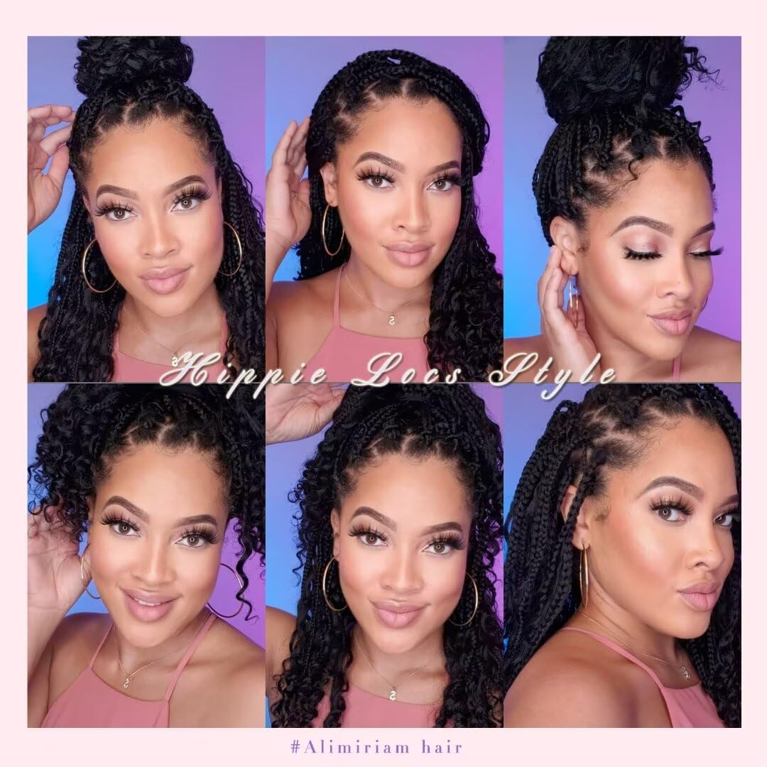 8 Packs Bohomian Box Braids Crochet Hair with Curly Ends 12 inch Burgundy Boho Bohomian Box Braid Hair Pre-looped Synthetic Braiding Hair Goddess Box Braids Crochet Hair for Black Women(12",T1B/BUG#)