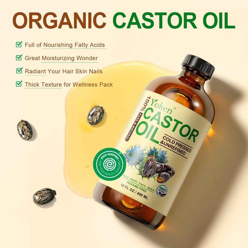 Yoken Organic Castor Oil in Glass Bottle 16 fl oz & Vitamin E Oil 8 fl oz Set | 60,000 IU Vitamin E oil for Scars Skin, Hexane Free Cold Pressed Castor Oil for Hair, Eyelashes, Face, Body Moisturizer
