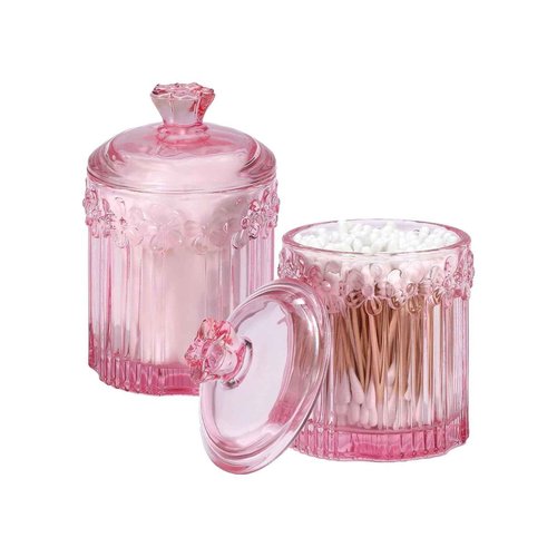 2 Pack Qtip Holder Glass Apothecary Jars with Lids Set, Crystal Q-tip Canister Jar Bathroom Vanity Organizer for Cotton Ball, Cotton Swab, Floss, Candy - Clear (Pink)