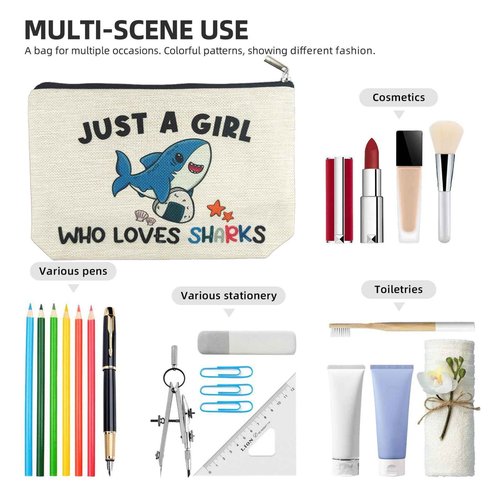 Suemetic Shark Gifts for Women Makeup Bag, Cute Shark Themed Gifts for Shark Lovers Girls Kids Accessories, Just A Girl Who Loves Sharks Cosmetic Stuff Pouch, Birthday Christmas Decorations