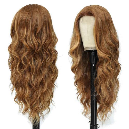 Long Brown Mixed Blonde Wigs for Women Highlights Blonde Wig Natural Middle Part Synthetic Curly Hair Heat Resistant Fiber Hair Replacement Wigs for Daily Party