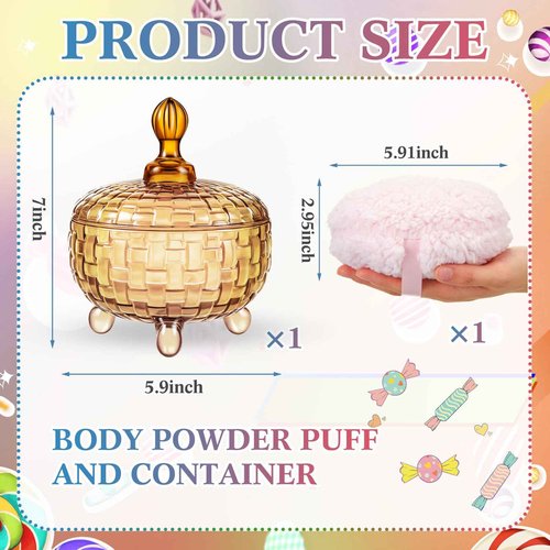 Tioncy 2 Pcs Extra Large Dusting Powder Puff and Container for Women-5.43'' Glass Crystal Dusting Powder Container with 5.91'' Body Soft Washable Reusable Velour Face(Amber,Weave Design)
