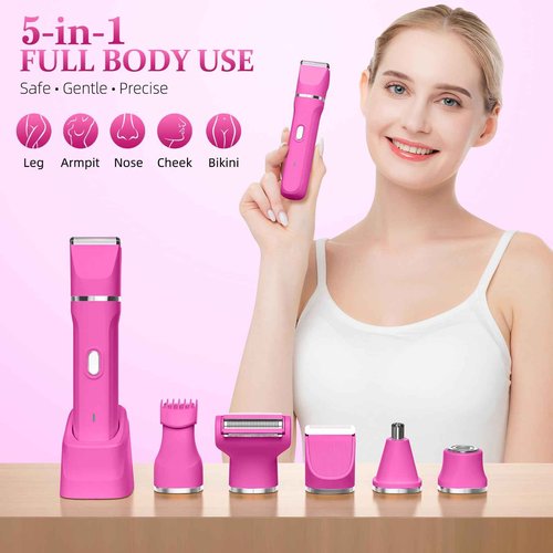 HOHOLE 5-in-1 Bikini Trimmer for Women, IPX7 Waterproof Electric Razors Shaver, Cordless Body Hair Trimmer, Facial & Pubic Hair Removal, Ceramic Blade (Magenta)