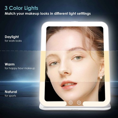 7.8" x 6.1" Rechargeable Travel Makeup Mirror with Lights and Small 10X Magnification, Foldable Stand with Adjustable Height & Angle, 3 Light Colors LED Lighted Vanity Mirror (White)