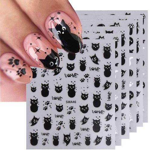6 Sheets Black Cat Nail Art Stickers Cute Animal Nail Stickers for Nail Art 3D Self-Adhesive Nail Decals Cute Funny Black Cat Sticker Design Holiday Nail Supplies for Women