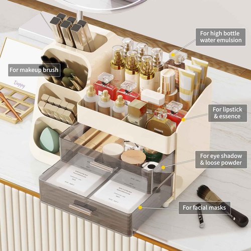 Dimcapo Makeup Organizer for Vanity,Vanity Organizer with Drawers and Brush Holder,Bathroom Make Up Organizer Countertop,Large Cosmetic Organizer for Skincare, Perfume,Lipsticks,Nail Polish (Cream)