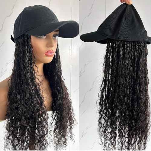 Hats Bohemian Crochet Boho Box with Human Hair Curly Ends Braids Hair Extensions Baseball Cap Wig With Braided Hair Cap Wig For Women Natural Color