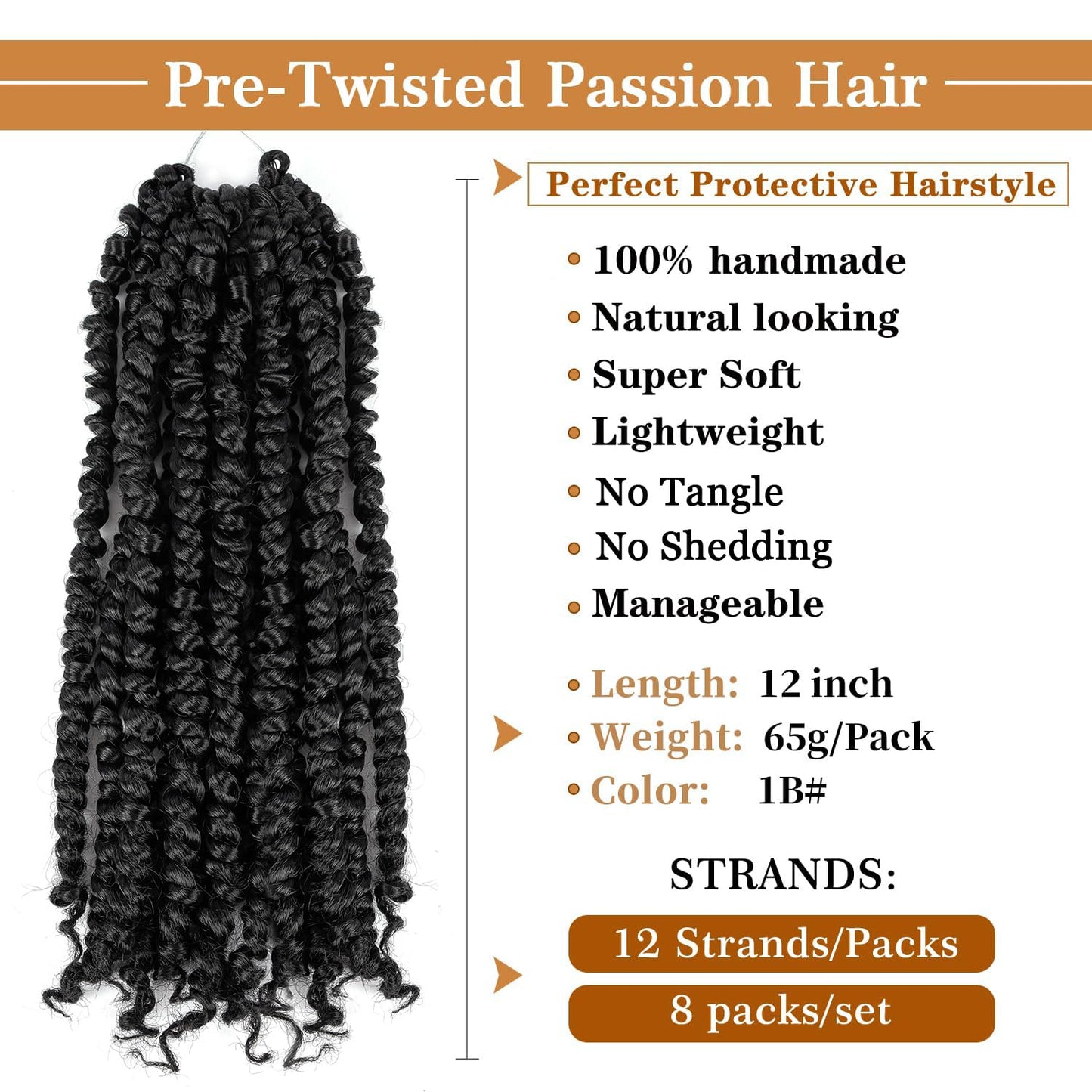 Crochet Hair Pre Looped 12 Inch 8 Packs Pre Twisted Passion Twist Crochet Hair For Black Women, Short Passion Twist Braiding Hair Synthetic Curly Crochet Hair Extensions (12 Inch, 1B/Blue#)