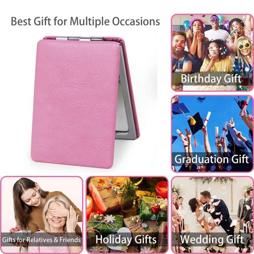PDOZV Small Compact Mirror for Purse, 2 Pcs Rectangle 2.4”×3.3” PU Style Double Sided 1X/3X Light Pink Pocket Mirror for Women (Light Pink)