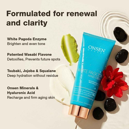 Onsen White Pagoda Hand Cream | Japanese-Inspired Firming Hand Lotion with Pagoda Flower Enzyme, Tsubaki, Jojoba & Squalane | Nursing Essentials for Aging Hands | Vegan (4.5 oz)