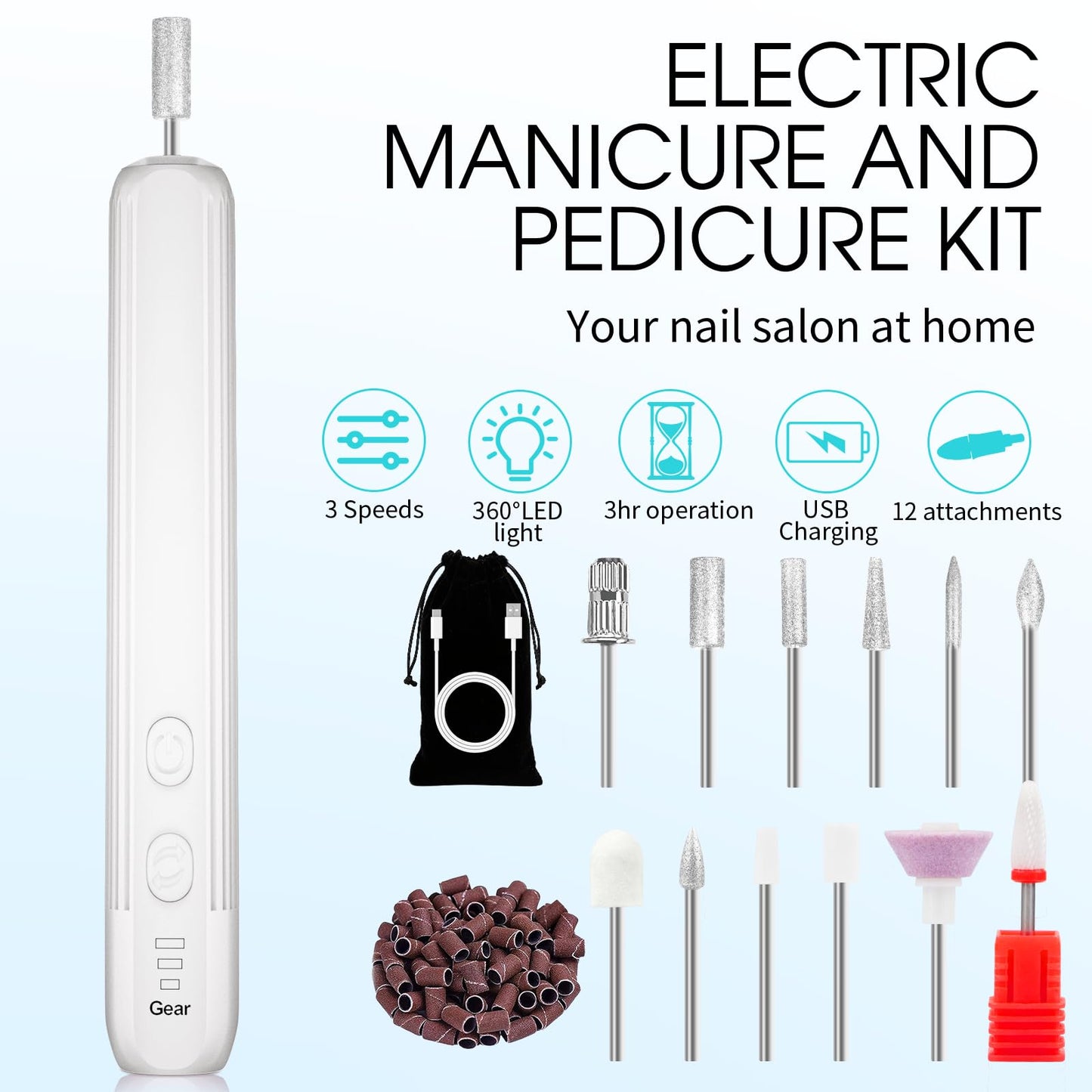 Electric Nail Drill, Professional Manicure Pedicure Kit, Cordless Electric Nail File Set, Rechargeable Pedicure Tools for feet, 3 Speeds Hand Foot Care Nail Drill for Thick Nail Toenail Cuticle-White